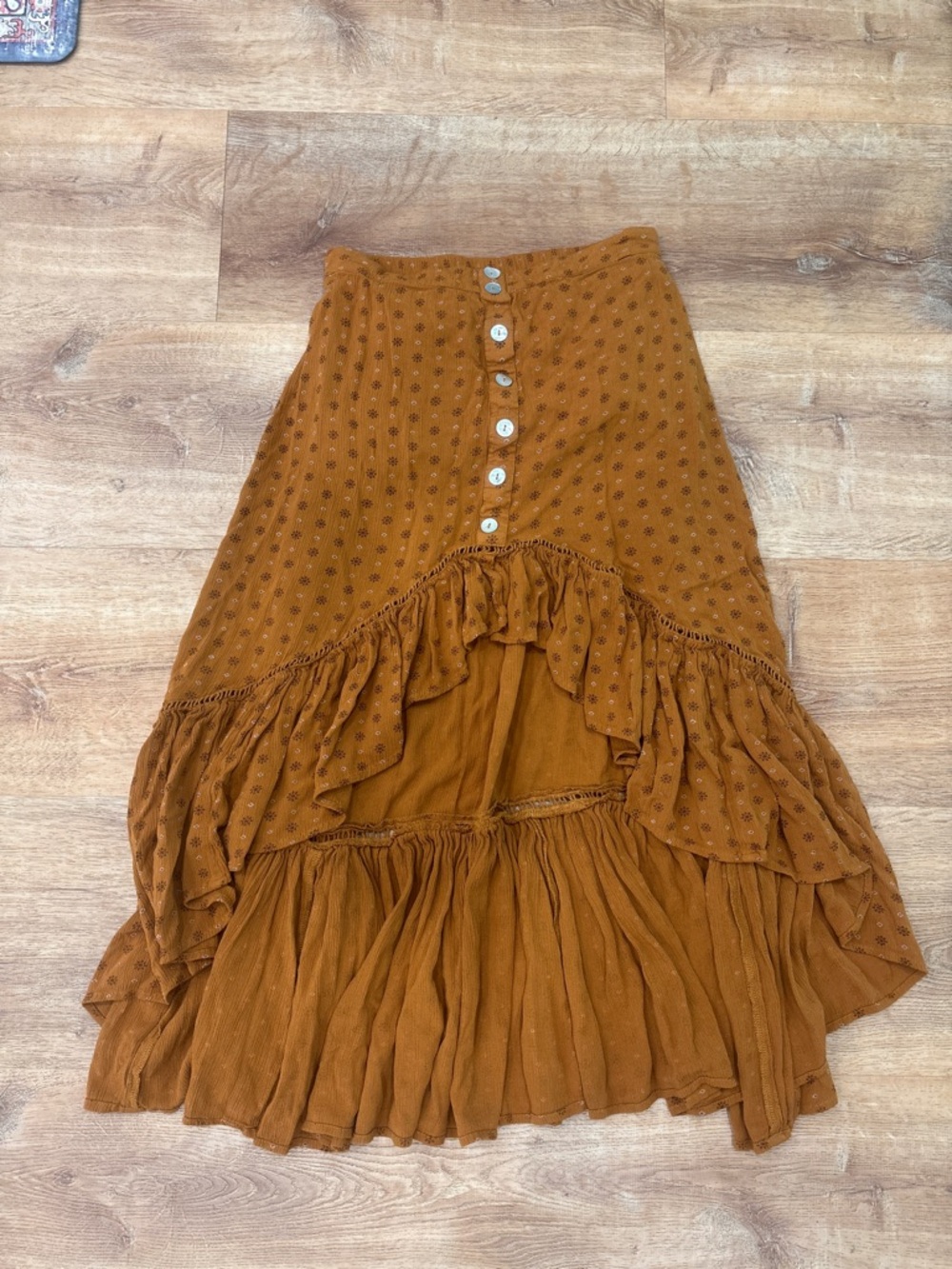 Shyanne Mustard Brown Ruffled Midi Skirt with Front Buttons